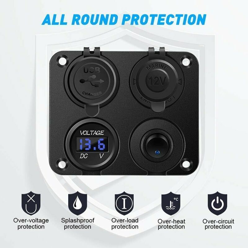 Cigarette Lighter Socket, Dual USB Port 4.2A, DC 12V Outlet, Switch and LED Display Voltmeter Waterproof Car Charger Power Outlet for 12V 24V Car