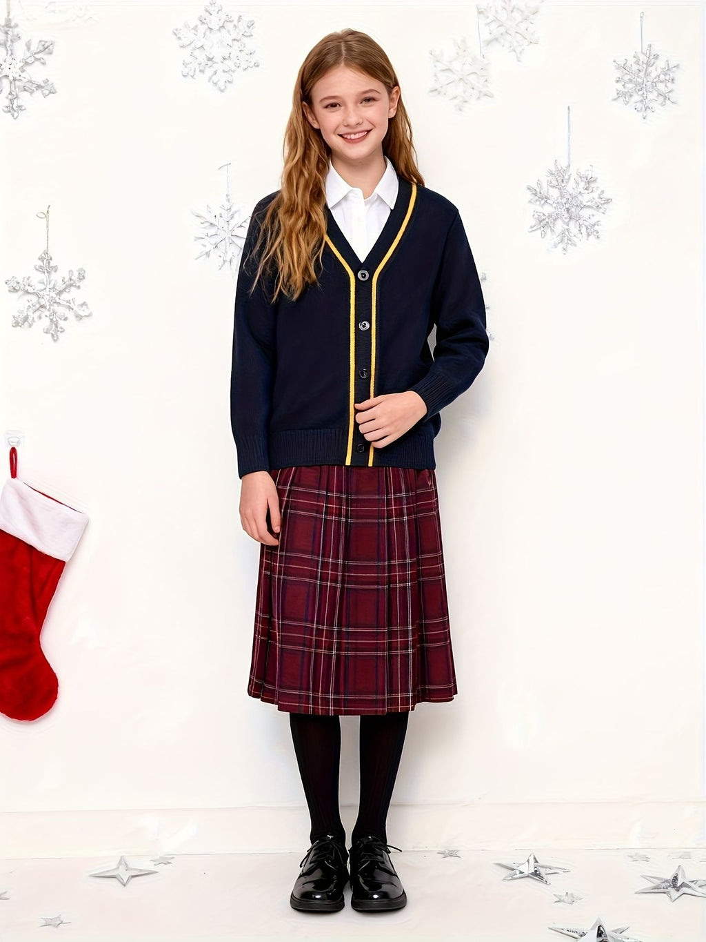 KS0007-NAVY 100% Cotton Kids V-Neck Long sleeve Button Cardigan, Boys and Girls School Uniform Knitwear, Navy Blue, Size 130