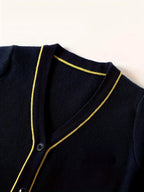 KS0007-NAVY 100% Cotton Kids V-Neck Long sleeve Button Cardigan, Boys and Girls School Uniform Knitwear, Navy Blue, Size 140