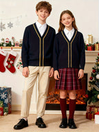 KS0007-NAVY 100% Cotton Kids V-Neck Long sleeve Button Cardigan, Boys and Girls School Uniform Knitwear, Navy Blue, Size 150