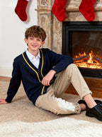 KS0007-NAVY 100% Cotton Kids V-Neck Long sleeve Button Cardigan, Boys and Girls School Uniform Knitwear, Navy Blue, Size 160