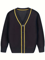 KS0007-NAVY 100% Cotton Kids V-Neck Long sleeve Button Cardigan, Boys and Girls School Uniform Knitwear, Navy Blue, Size 165