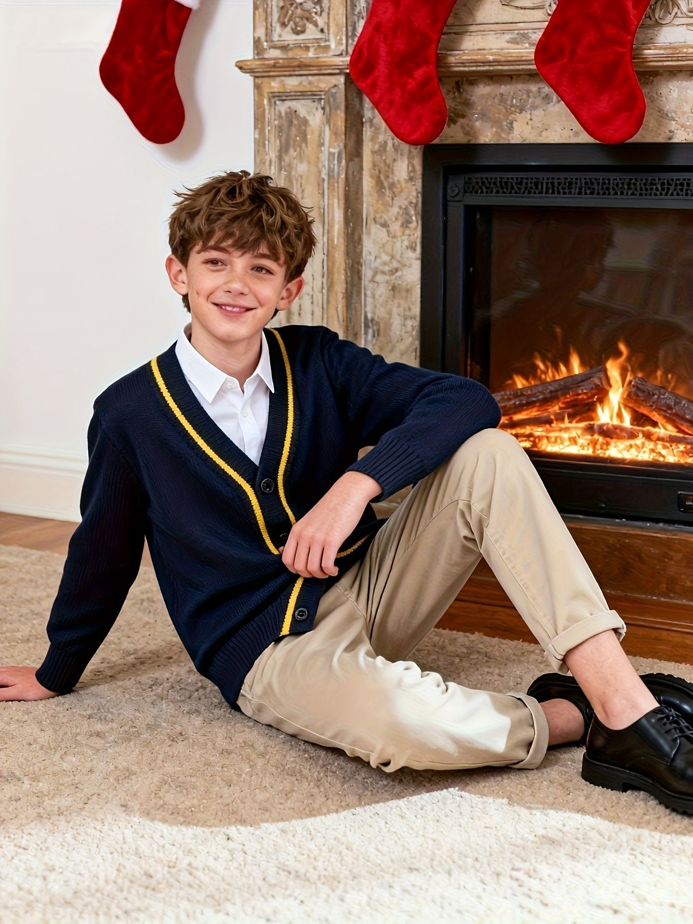 KS0007-NAVY 100% Cotton Kids V-Neck Long sleeve Button Cardigan, Boys and Girls School Uniform Knitwear, Navy Blue, Size 165