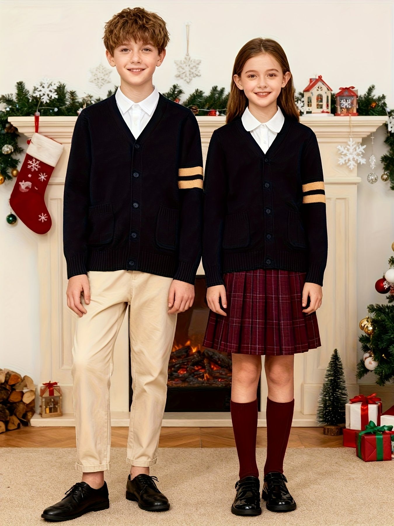 KS0015-NAVY 100% Cotton Kids V-Neck Long sleeve Button Cardigan, Boys and Girls School Uniform Knitwear, Navy Blue, Size 140