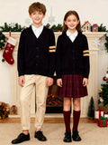 KS0015-NAVY 100% Cotton Kids V-Neck Long sleeve Button Cardigan, Boys and Girls School Uniform Knitwear, Navy Blue, Size 165