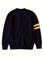 KS0015-NAVY 100% Cotton Kids V-Neck Long sleeve Button Cardigan, Boys and Girls School Uniform Knitwear, Navy Blue, Size 170