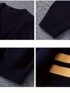 KS0015-NAVY 100% Cotton Kids V-Neck Long sleeve Button Cardigan, Boys and Girls School Uniform Knitwear, Navy Blue, Size 170