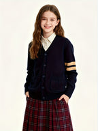 KS0015-NAVY 100% Cotton Kids V-Neck Long sleeve Button Cardigan, Boys and Girls School Uniform Knitwear, Navy Blue, Size 170