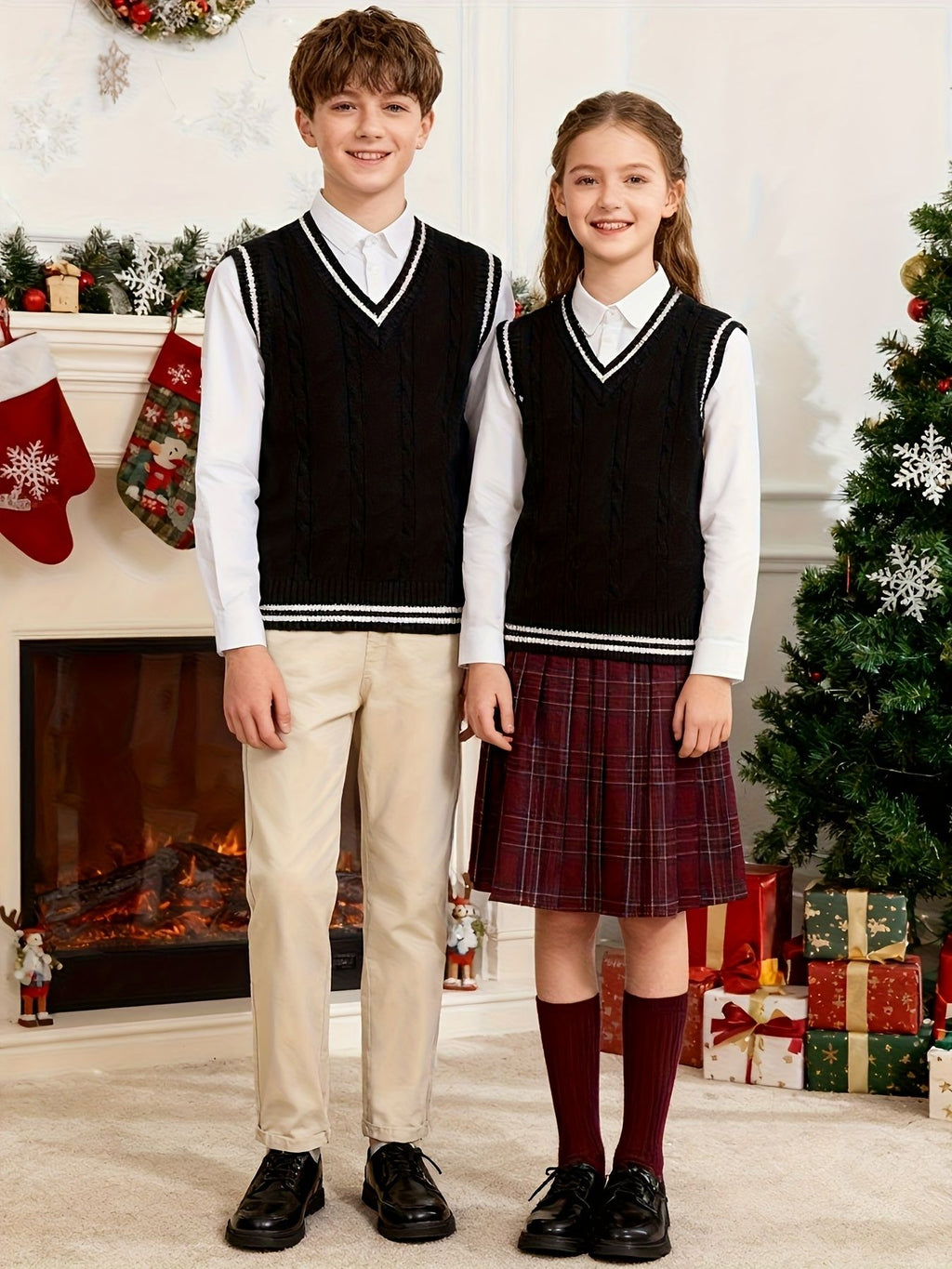SW002-BL 100% Cotton Kids V-Neck Cable Knit Sweater Vest, Boys and Girls Knitwear, Bl, Size 110
