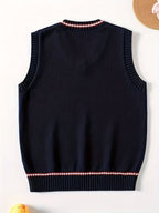 SW003-SG 100% Cotton Kids V-Neck Striped Sweater Vest, Boys and Girls School Uniform Knitwear, Sg, Size 120