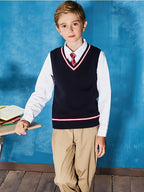 SW003-SG 100% Cotton Kids V-Neck Striped Sweater Vest, Boys and Girls School Uniform Knitwear, Sg, Size 120