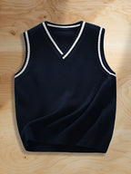 SW004 100% Cotton Kids V-Neck Striped Sweater Vest, Boys and Girls School Uniform Knitwear, Navy Blue, Size 120