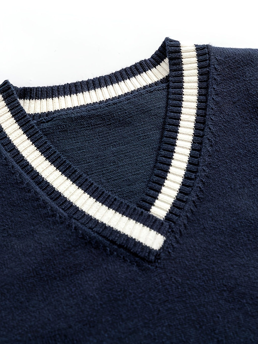 SW004 100% Cotton Kids V-Neck Striped Sweater Vest, Boys and Girls School Uniform Knitwear, Navy Blue, Size 120