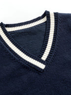 SW004 100% Cotton Kids V-Neck Striped Sweater Vest, Boys and Girls School Uniform Knitwear, Navy Blue, Size 120