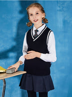 SW004 100% Cotton Kids V-Neck Striped Sweater Vest, Boys and Girls School Uniform Knitwear, Navy Blue, Size 120