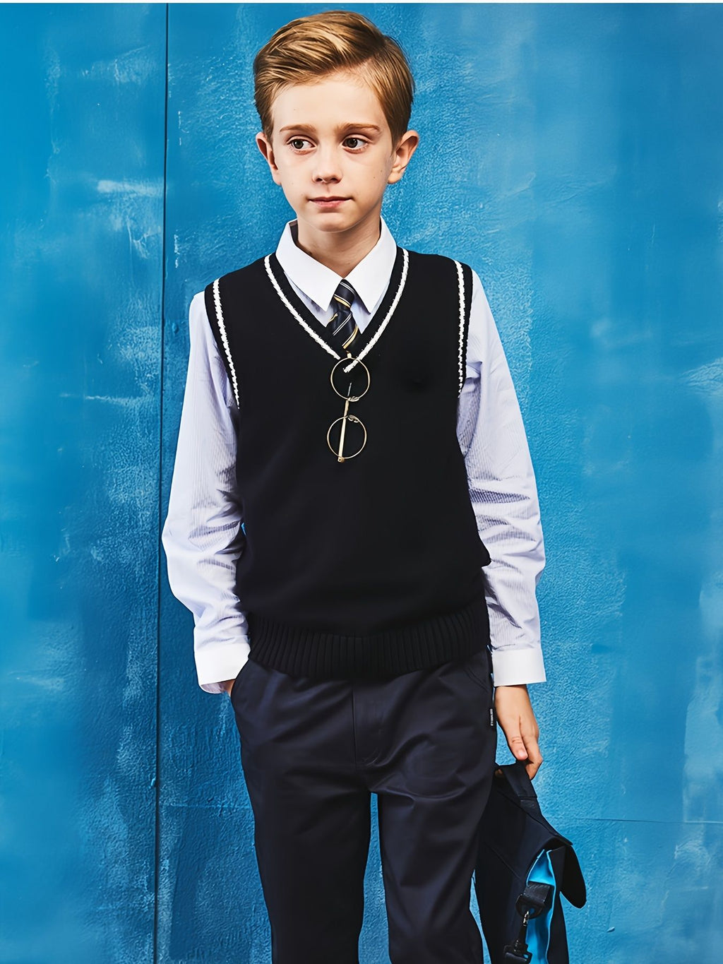 SW004 100% Cotton Kids V-Neck Striped Sweater Vest, Boys and Girls School Uniform Knitwear, Navy Blue, Size 120