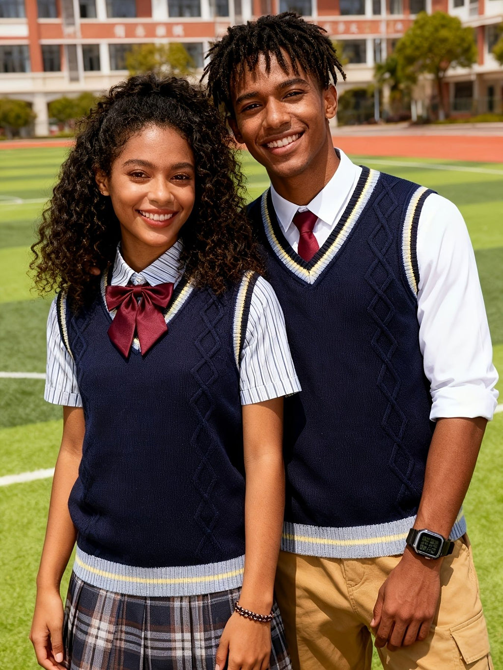 SW005 Cotton Rich Kids V-Neck Argyle Sweater Vest, Boys and Girls Knitwear, Navy Blue, Size 120