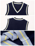 SW005 Cotton Rich Kids V-Neck Argyle Sweater Vest, Boys and Girls Knitwear, Navy Blue, Size 120