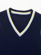 SW005 Cotton Rich Kids V-Neck Argyle Sweater Vest, Boys and Girls Knitwear, Navy Blue, Size 120
