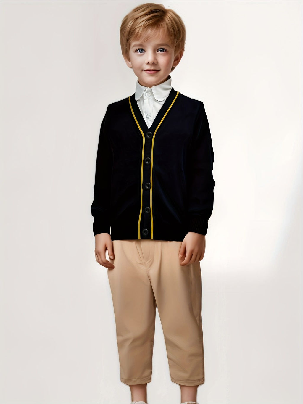 SW012 100% Cotton Kids V-Neck Long sleeve Button Cardigan, Boys and Girls School Uniform Knitwear, Black, Size 110