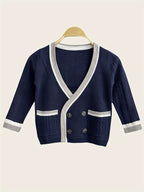 SW015 Cotton Rich Kids V-Neck Long sleeve Button Cardigan, Boys and Girls School Uniform Knitwear, Navy Blue, Size 120
