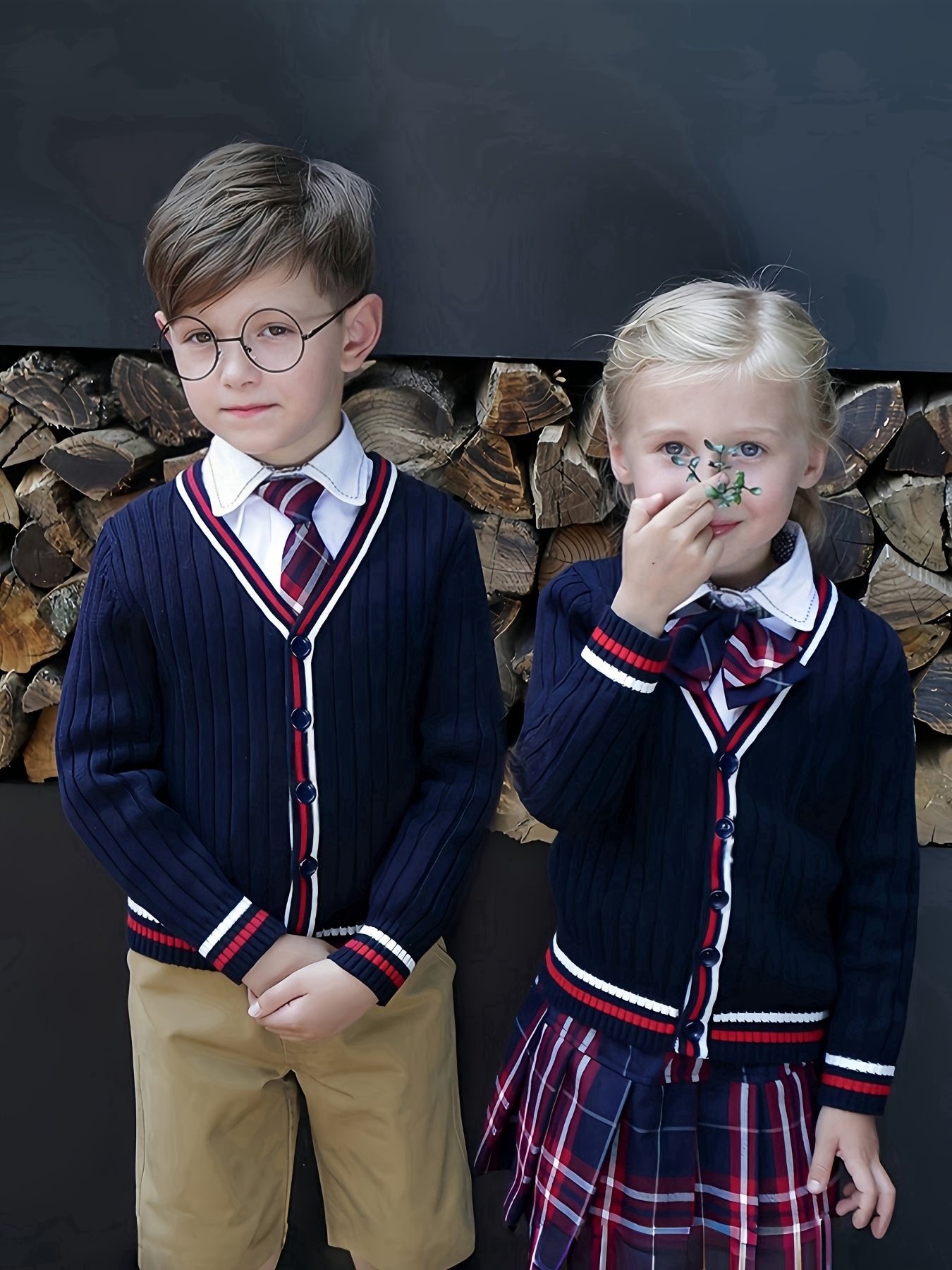 SW016-R 100% Cotton Kids V-Neck Long sleeve Button Cardigan, Boys and Girls School Uniform Knitwear, R, Size 110