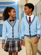 SW017 100% Cotton Kids V-Neck Long sleeve Button Cardigan, Boys and Girls School Uniform Knitwear, Steel Blue, Size 110