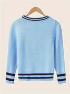 SW017 100% Cotton Kids V-Neck Long sleeve Button Cardigan, Boys and Girls School Uniform Knitwear, Steel Blue, Size 110