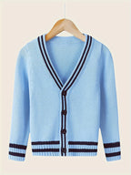 SW017 100% Cotton Kids V-Neck Long sleeve Button Cardigan, Boys and Girls School Uniform Knitwear, Steel Blue, Size 110