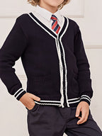 SW019 100% Cotton Kids V-Neck Long sleeve Button Cardigan, Boys and Girls School Uniform Knitwear, Navy Blue, Size 120
