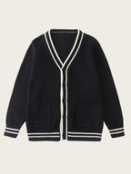 SW019 100% Cotton Kids V-Neck Long sleeve Button Cardigan, Boys and Girls School Uniform Knitwear, Navy Blue, Size 120