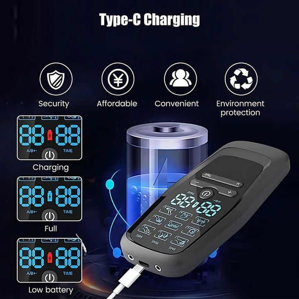 Dual Output EMS TENS Massage Machine, 9 Adjustable Modes, Type-C Rechargeable Muscle Stimulator with 8 Electrode Pads for Pain Relief & Muscle Rehabilitation