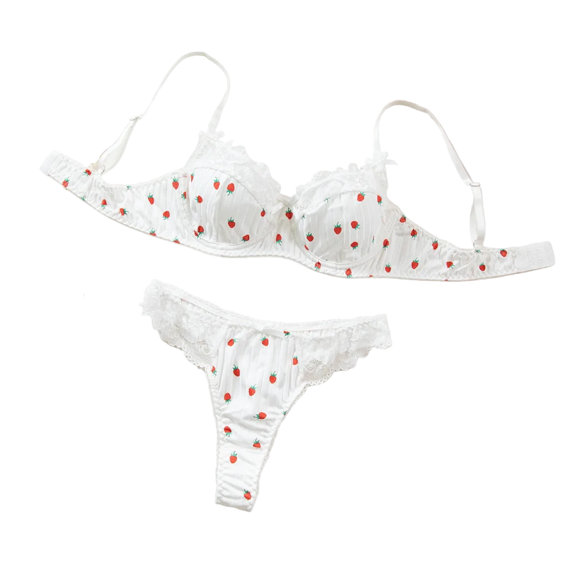 Printed Lace Bra Set With Steel Ring Gathering Bowknot Erotic Underwear - White - L