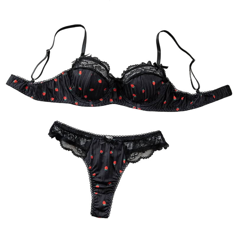 Printed Lace Bra Set With Steel Ring Gathering Bowknot Erotic Underwear - Black - M