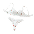 Printed Lace Bra Set With Steel Ring Gathering Bowknot Erotic Underwear - White - M