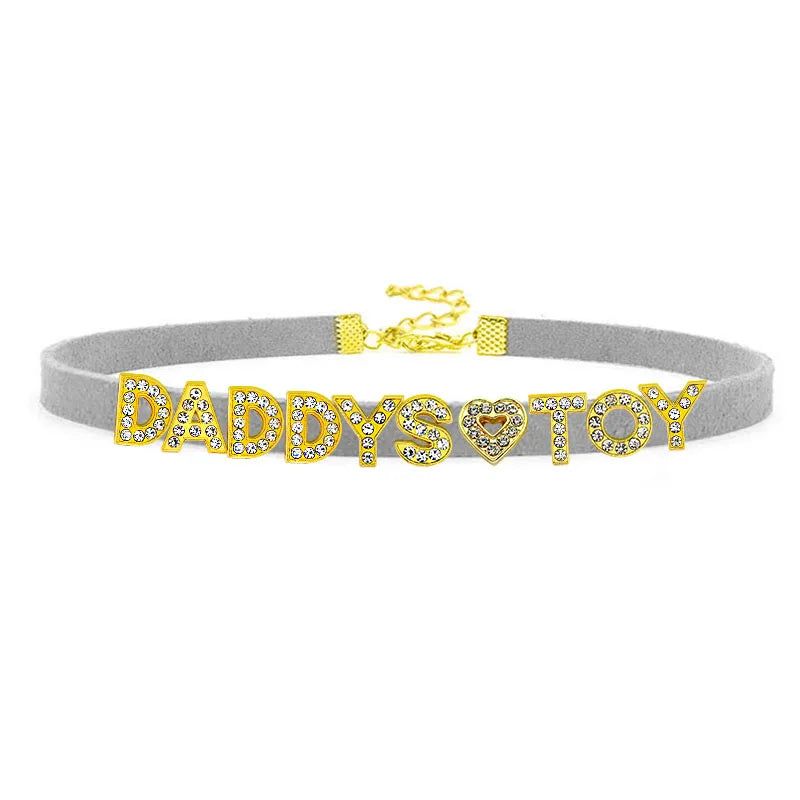 House Of Dasein Sexy Gold Color Letters Daddys Toy Choker Collar Necklace Men Women Ddlg Role Age Play Suede Leather Chocker Cosplay Jewelry - Gray - 40Cm Plus 7Cm - Daddys Toy