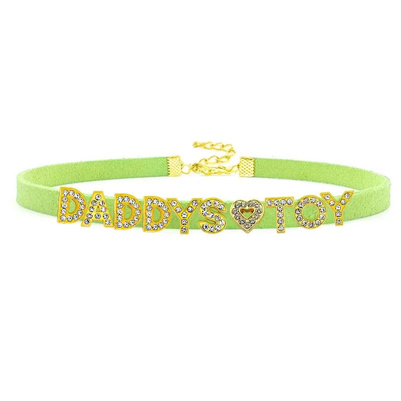 House Of Dasein Sexy Gold Color Letters Daddys Toy Choker Collar Necklace Men Women Ddlg Role Age Play Suede Leather Chocker Cosplay Jewelry - Grass Green - 40Cm Plus 7Cm - Daddys Toy