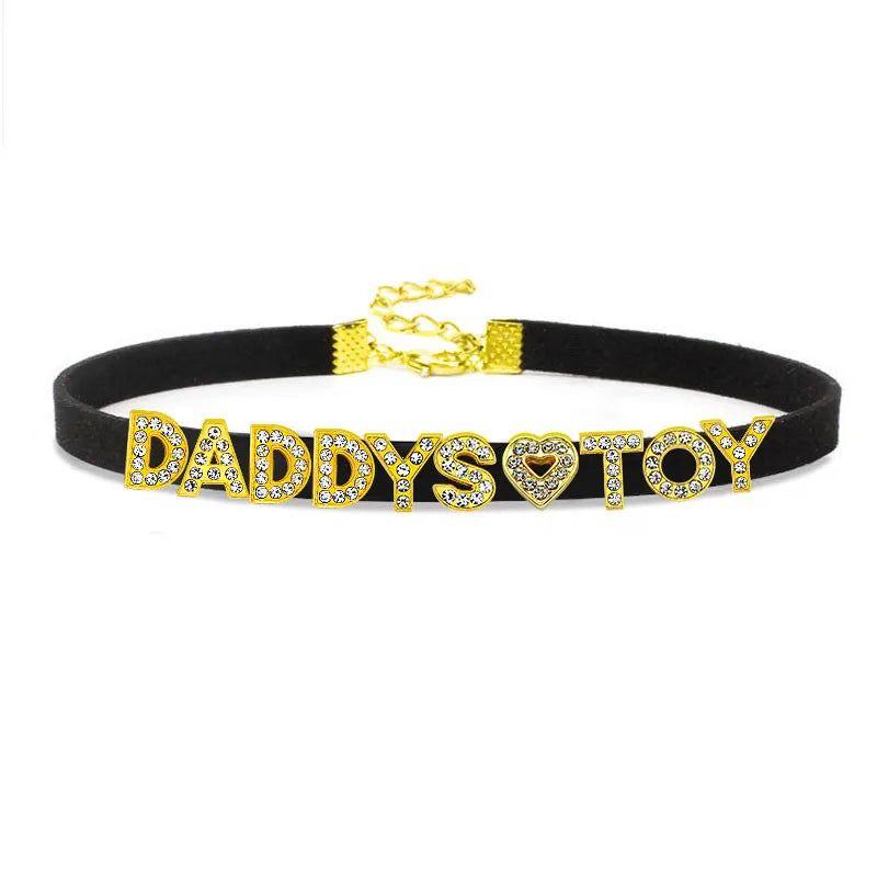 House Of Dasein Sexy Gold Color Letters Daddys Toy Choker Collar Necklace Men Women Ddlg Role Age Play Suede Leather Chocker Cosplay Jewelry - Black - 40Cm Plus 7Cm - Daddys Toy