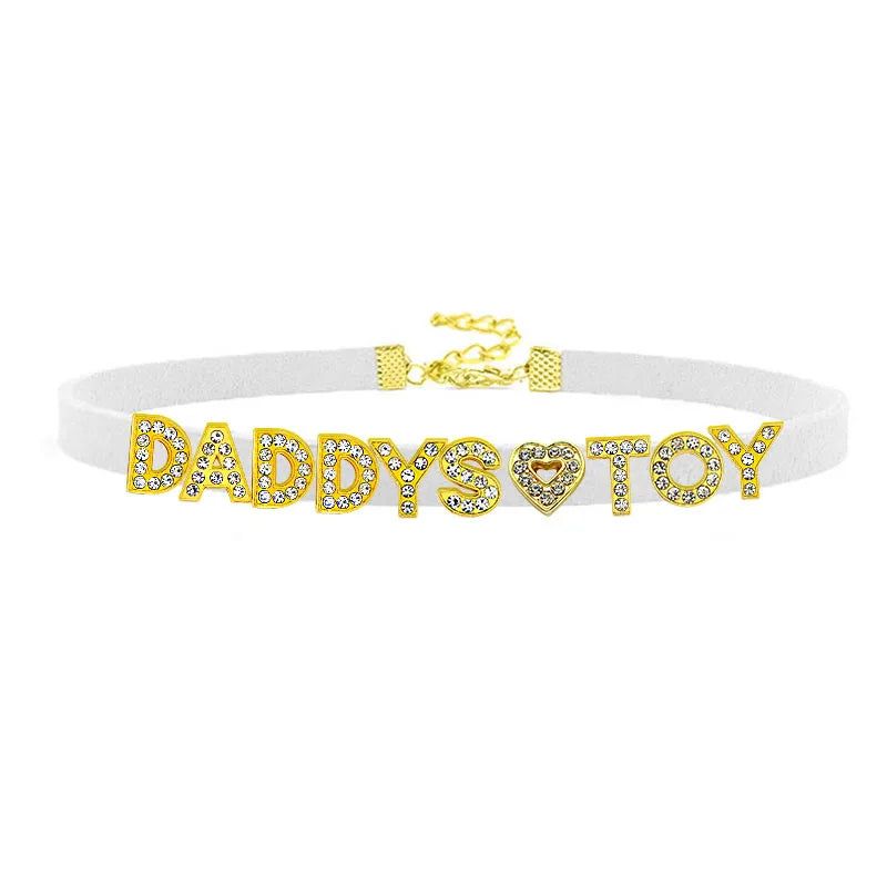 House Of Dasein Sexy Gold Color Letters Daddys Toy Choker Collar Necklace Men Women Ddlg Role Age Play Suede Leather Chocker Cosplay Jewelry - White - 32Cm Plus 7Cm - Daddys Toy