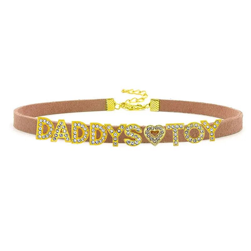 House Of Dasein Sexy Gold Color Letters Daddys Toy Choker Collar Necklace Men Women Ddlg Role Age Play Suede Leather Chocker Cosplay Jewelry - Brown - 40Cm Plus 7Cm - Daddys Toy