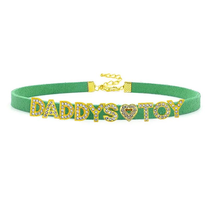 House Of Dasein Sexy Gold Color Letters Daddys Toy Choker Collar Necklace Men Women Ddlg Role Age Play Suede Leather Chocker Cosplay Jewelry - Green - 32Cm Plus 7Cm - 1-10 Custom Letters