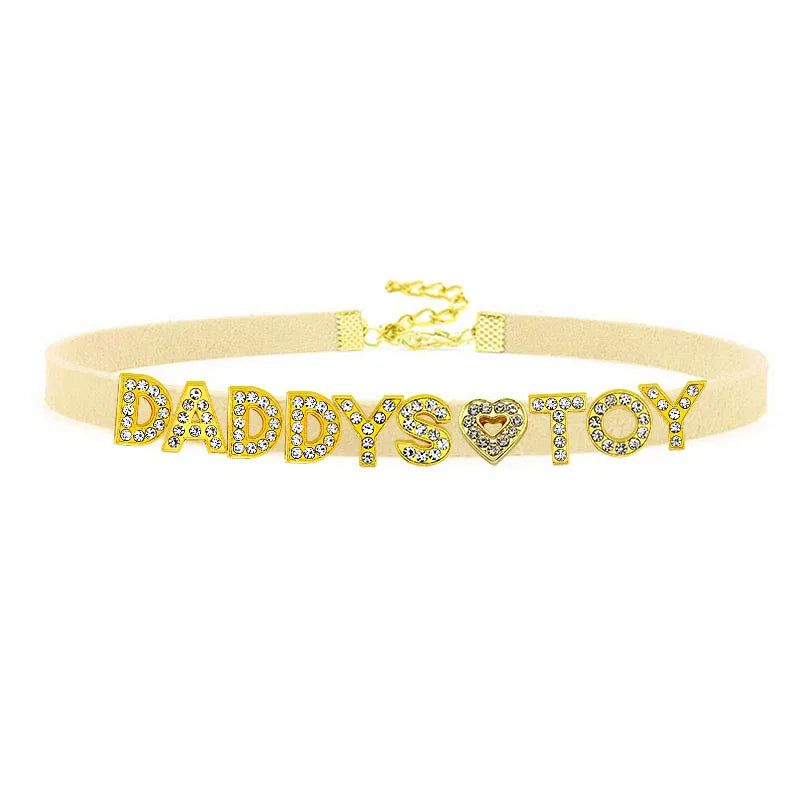 House Of Dasein Sexy Gold Color Letters Daddys Toy Choker Collar Necklace Men Women Ddlg Role Age Play Suede Leather Chocker Cosplay Jewelry - Beige - 32Cm Plus 7Cm - 1-10 Custom Letters