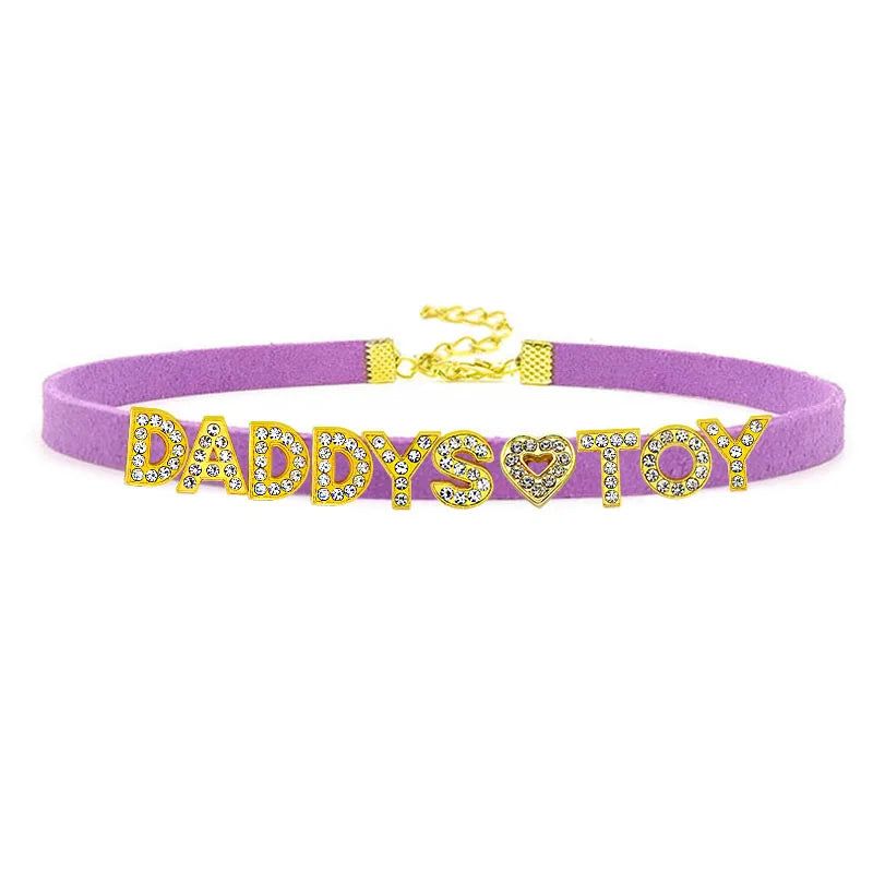 House Of Dasein Sexy Gold Color Letters Daddys Toy Choker Collar Necklace Men Women Ddlg Role Age Play Suede Leather Chocker Cosplay Jewelry - Purple - 40Cm Plus 7Cm - 1-10 Custom Letters