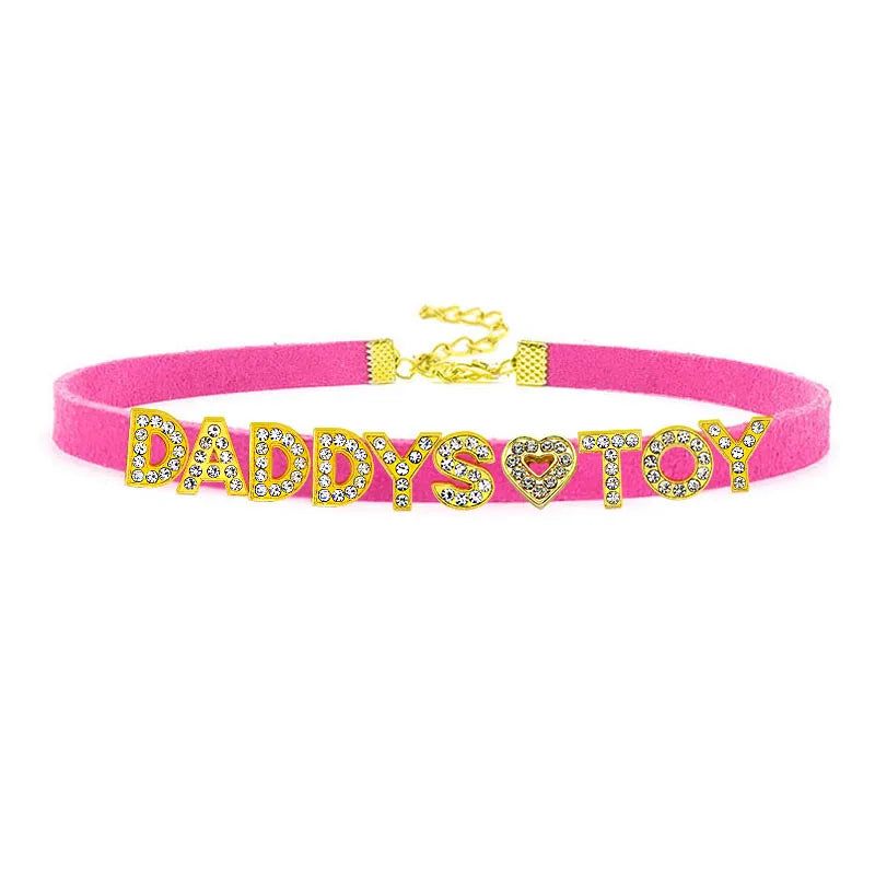 House Of Dasein Sexy Gold Color Letters Daddys Toy Choker Collar Necklace Men Women Ddlg Role Age Play Suede Leather Chocker Cosplay Jewelry - Rosy - 32Cm Plus 7Cm - Daddys Toy