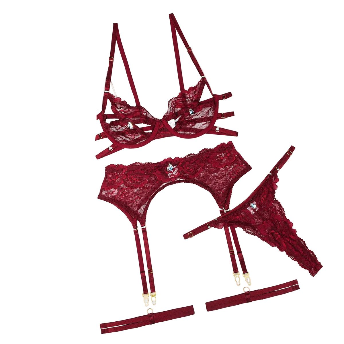 House Of Dasein Waterdrop Diamond Grain Sexy Lace Hollow Underwear Set With Steel Rim - Wine Red - S