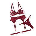 House Of Dasein Waterdrop Diamond Grain Sexy Lace Hollow Underwear Set With Steel Rim - Wine Red - L