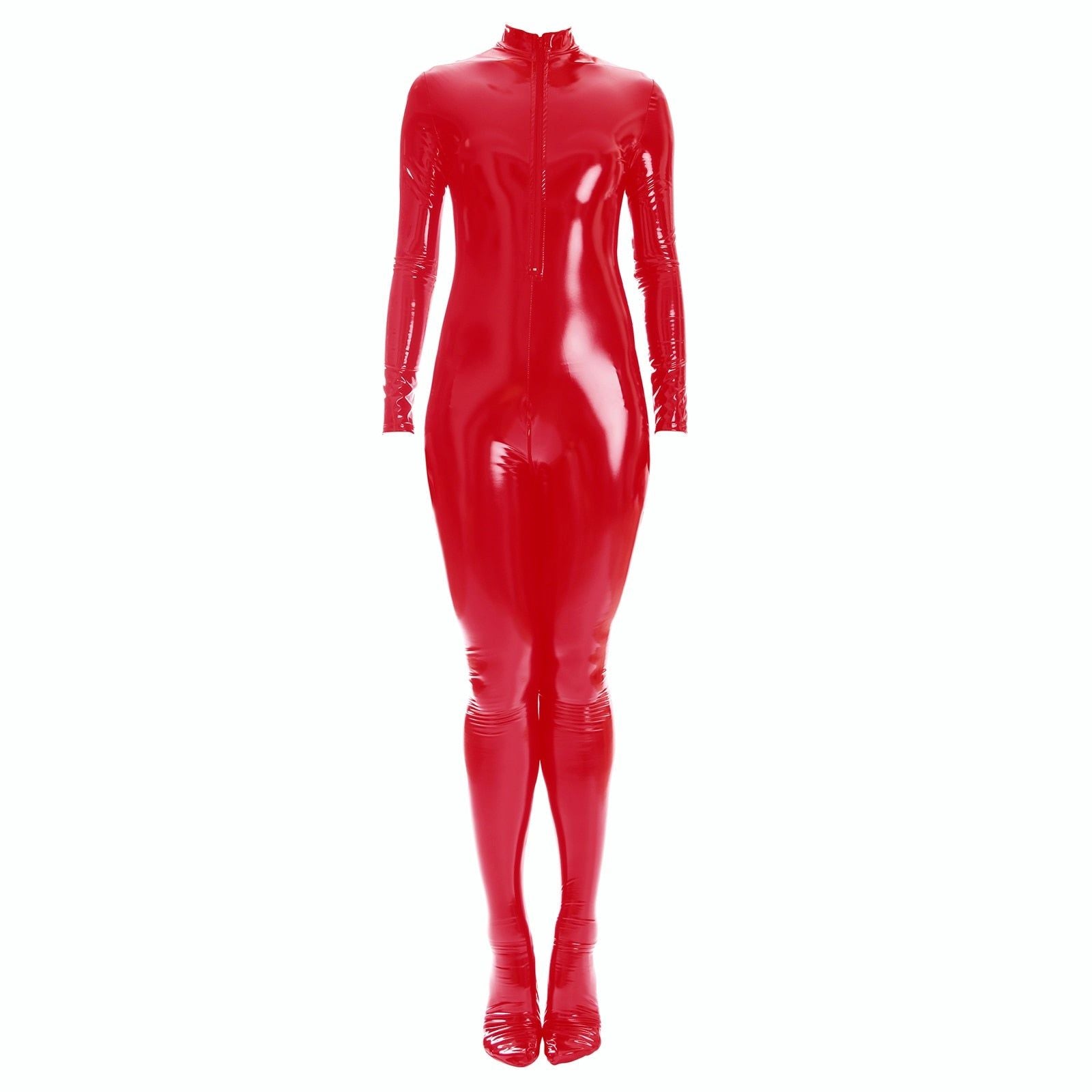 Sexy Shiny Full Body Patent Leather Open Crotch Catsuits Bodysuits - Shiny Red - S