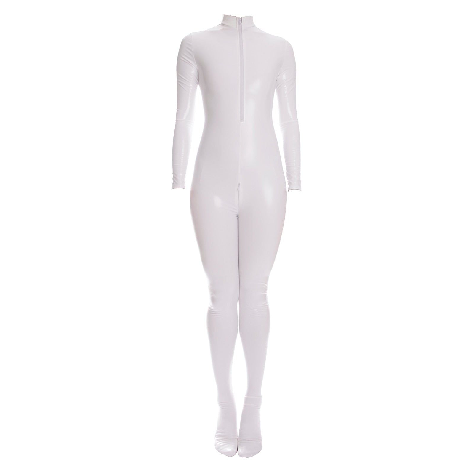 Sexy Shiny Full Body Patent Leather Open Crotch Catsuits Bodysuits - Shiny White - S