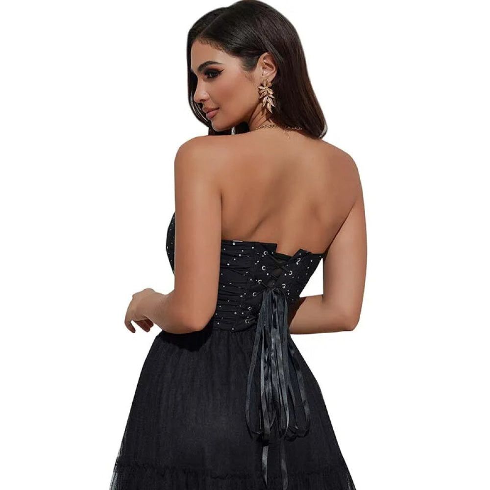 House Of Dasein Black Ruched Hem Corset Crop Top For Plus Size Women Back Lace Tight Fit Sequined Detailing Large - Xl