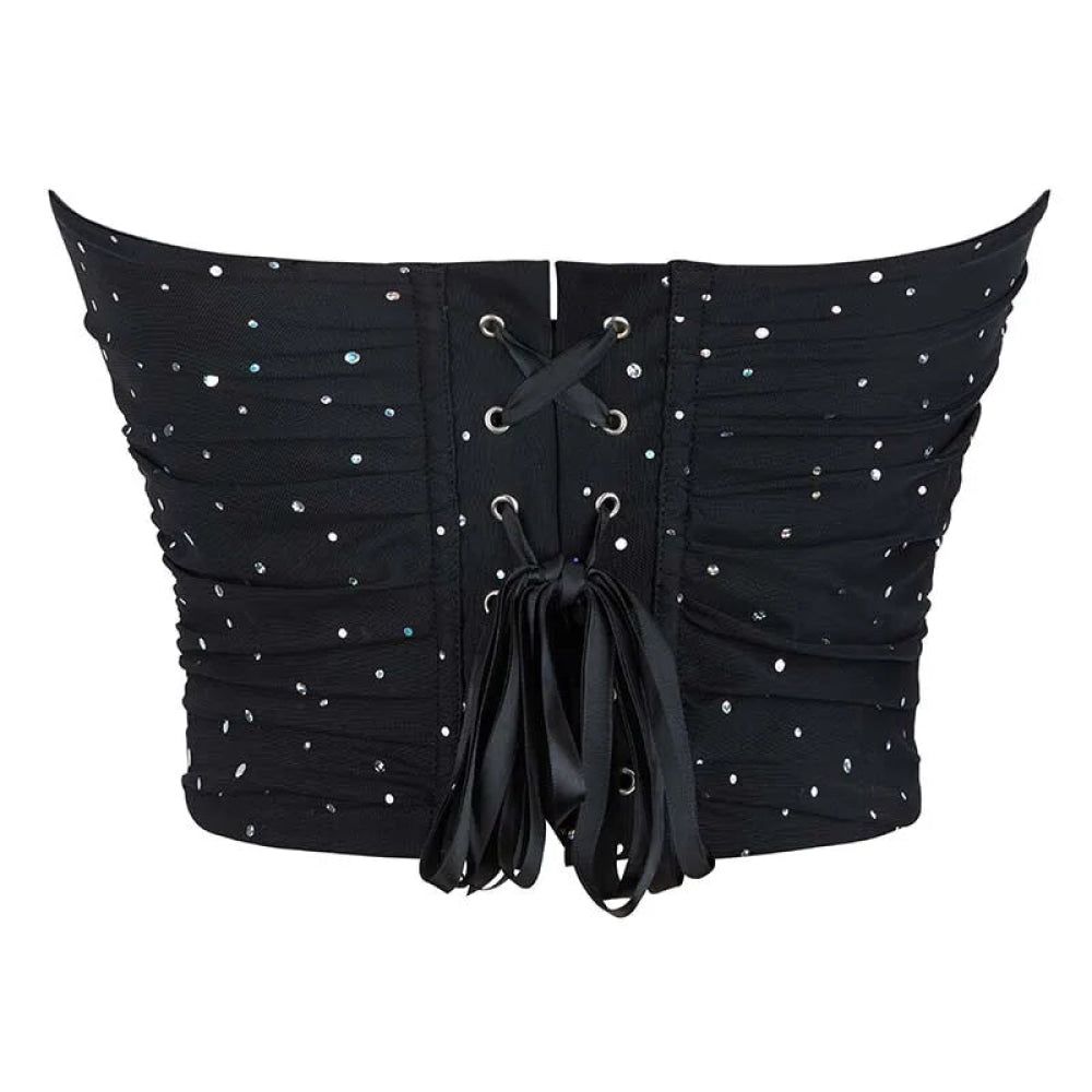 House Of Dasein Black Ruched Hem Corset Crop Top For Plus Size Women Back Lace Tight Fit Sequined Detailing Large - Xl